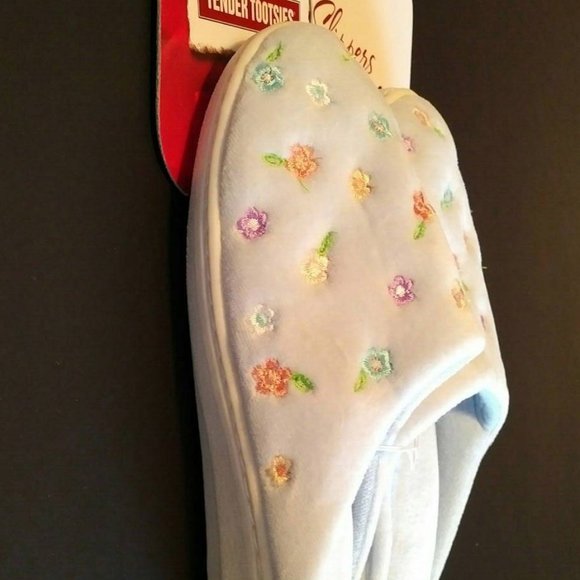 NEW Tender Tootsies Slippers, Baby Blue, Multi-Color Floral Print, M - Picture 5 of 5